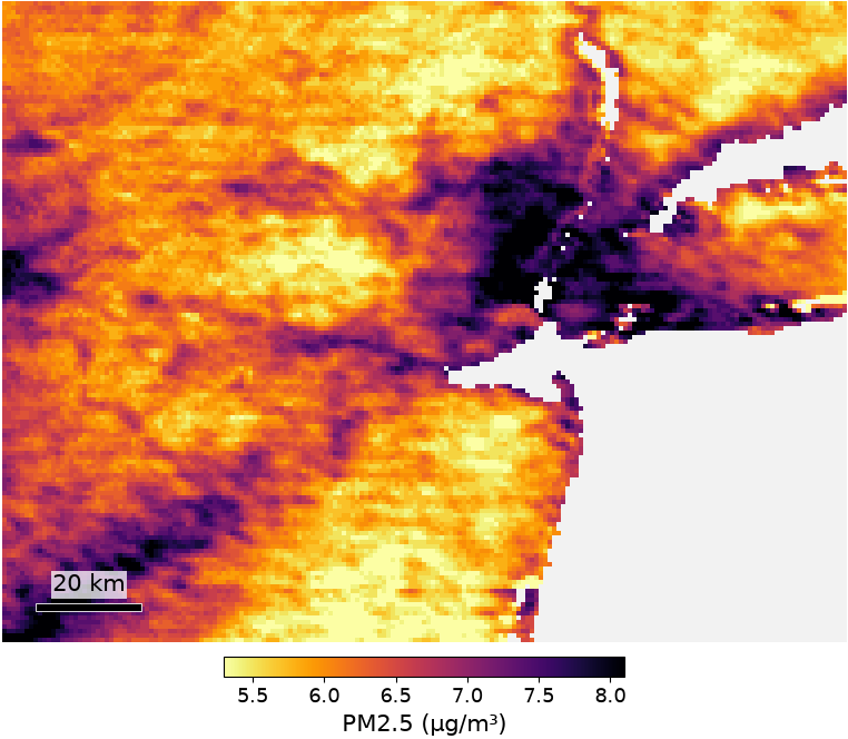 Yearly average fine particulate matter at ground level, from satellite aerosol measurements calibrated against ground monitors. The publisher states the estimates are intended mainly for large-scale studies.
