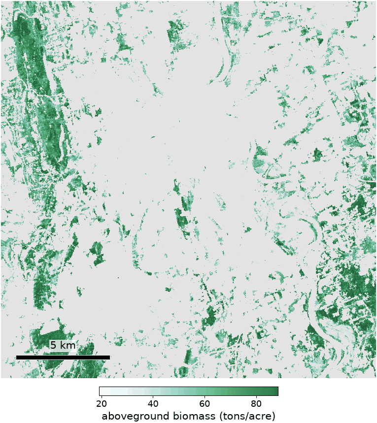 Aboveground tree biomass on each forested 30 m cell, from a model that matches the cell to the field plots it most resembles. A modelled estimate, not a field measurement.