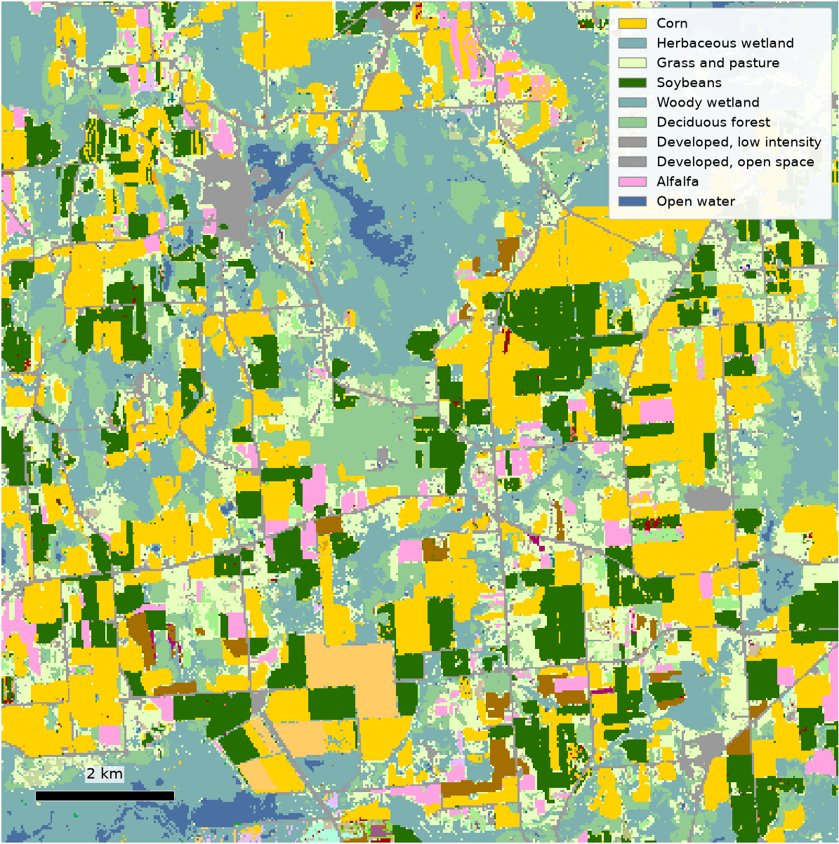 The crop grown in each 30 m cell in one season, field by field. The release carries the parcel's cultivated share and its single largest class.