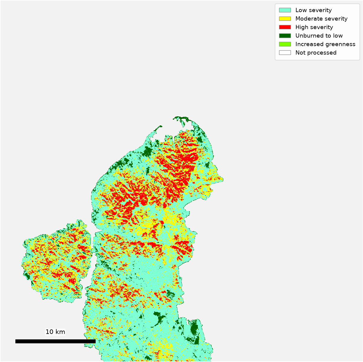 Burn severity inside each mapped fire, cell by cell, from before-and-after satellite images. Only fires above the mapping programme's size threshold appear.