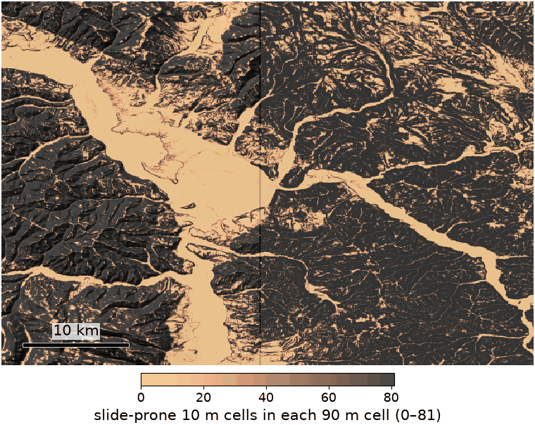 How much of each 90 m cell is terrain steep and high enough to produce landslides. The model reads slope and local relief only.