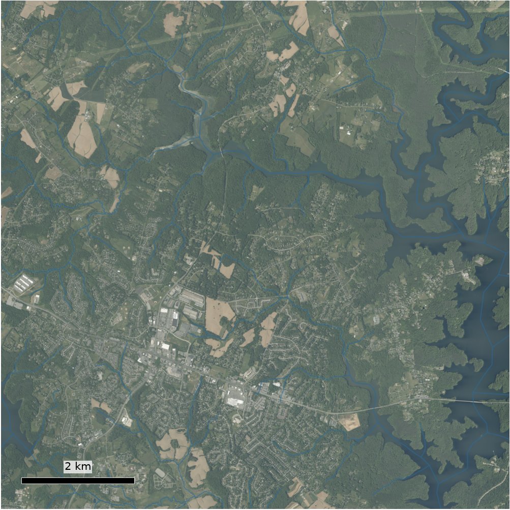 The mapped stream network. The release carries the distance from the parcel to the nearest stream.
