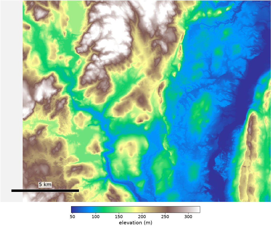 The bare-earth elevation the stream gradient is measured on: the drop along a sampled stretch of the stream nearest the parcel, divided by its length.
