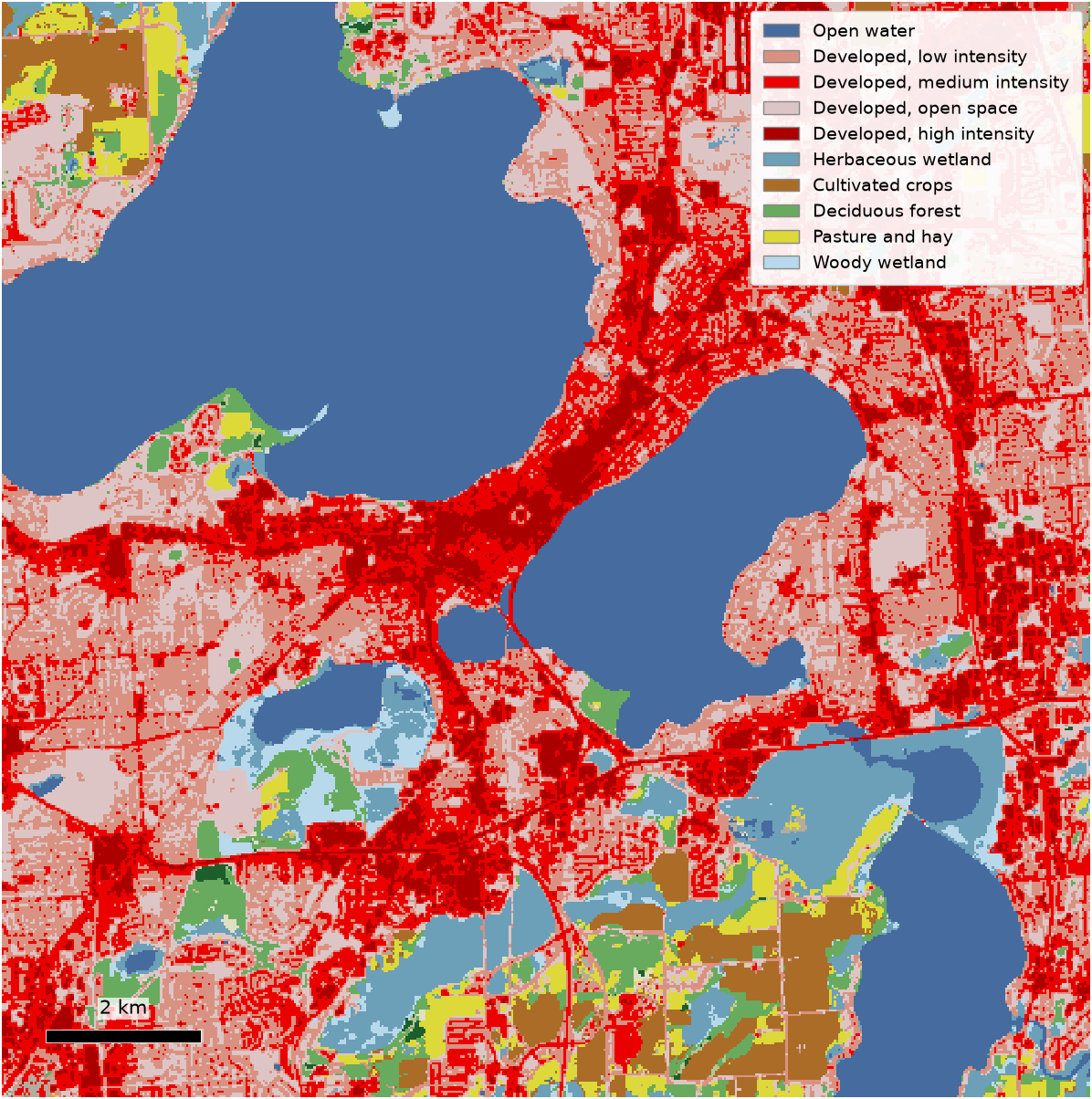 One land cover class per 30 m cell. The release carries each class's share of the parcel and the class covering the most of it.