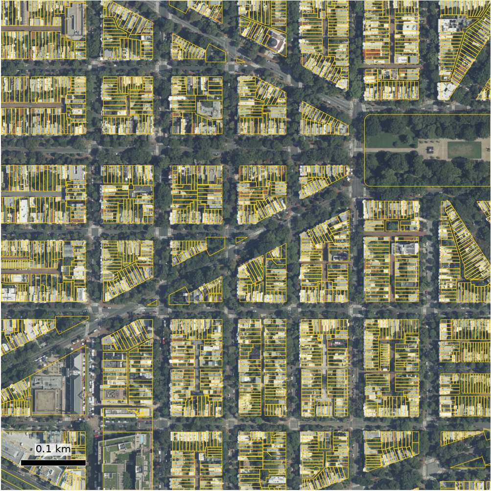 Parcel boundaries on the ground they describe. Every measurement in this catalog is taken over one of these shapes, not at a point inside it.