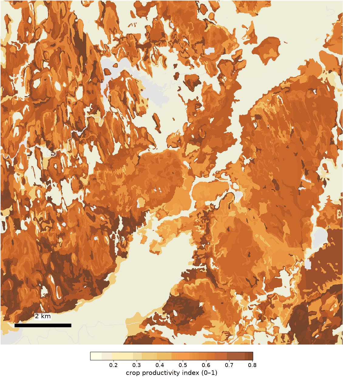 The national crop productivity index of the mapped soil under each 10 m cell. The value describes the soil map unit, not a sample taken at that spot.