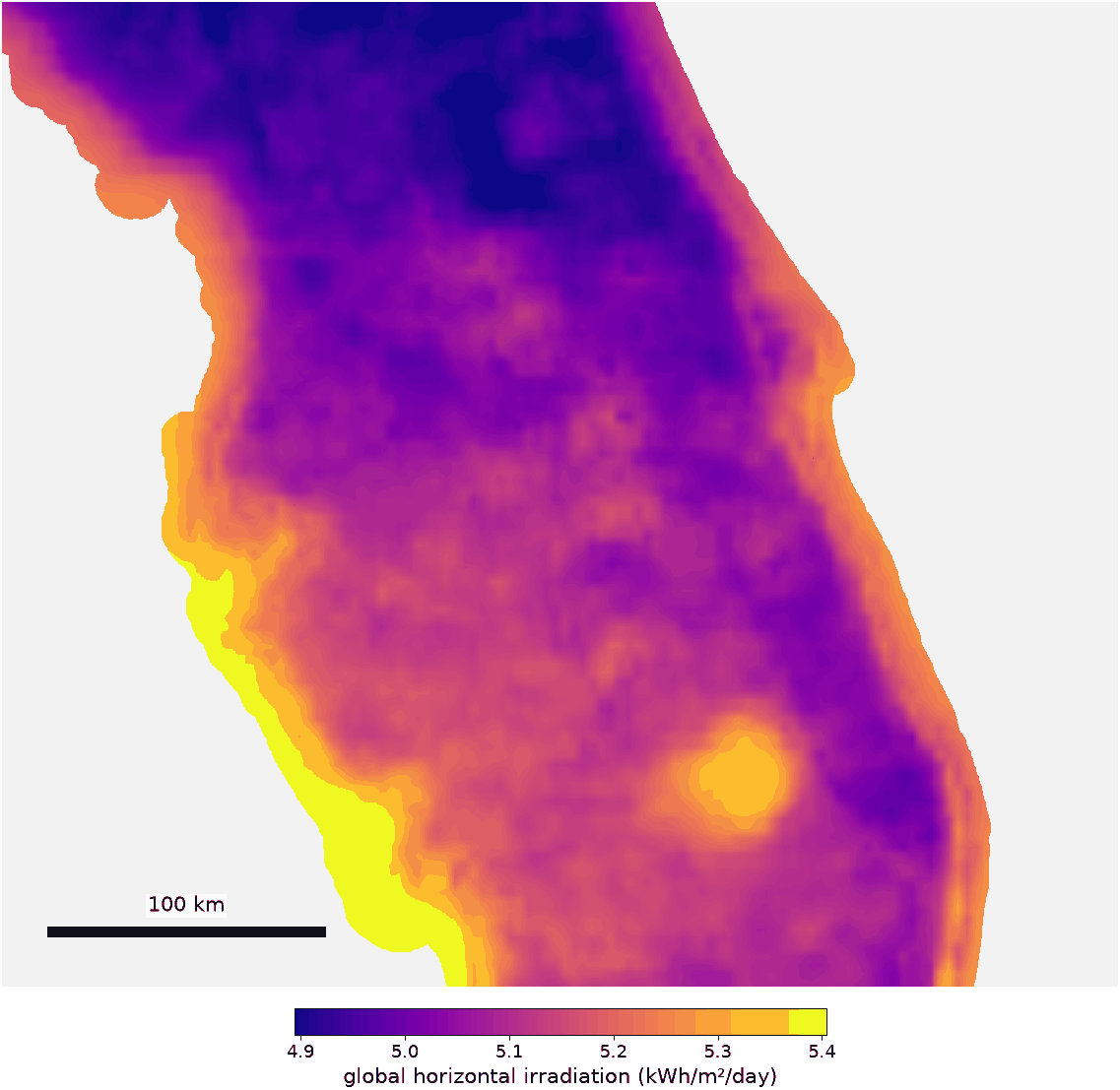 Long-term average global horizontal irradiation: the solar energy a flat surface receives. Modelled from weather-satellite images, not measured on site.