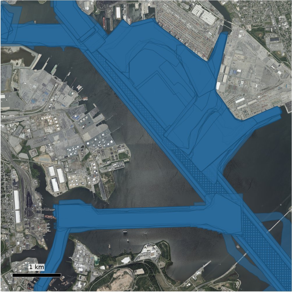 The footprints of surveyed navigation channels. The release carries the distance from the parcel to the nearest one, and for a surveyed lake its depth at the nearest point.