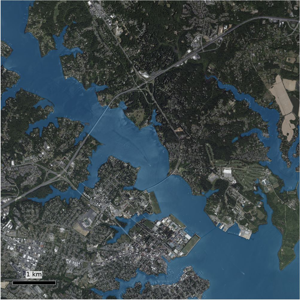 The mapped lakes, ponds and wide rivers. The release carries the distance from the parcel to the nearest one.