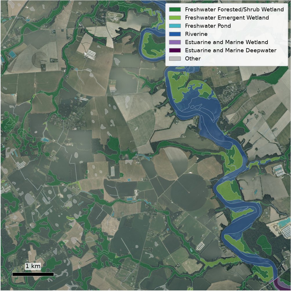 Mapped wetland and deepwater polygons, by type. The release carries the share of the parcel inside them; open water is counted separately, not as wetland.