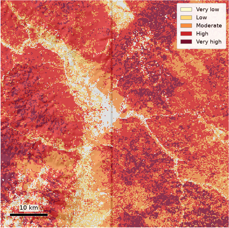 How likely a place is to burn with an intensity that would be hard to control, in five classes. Non-burnable ground and water are left out, not scored.