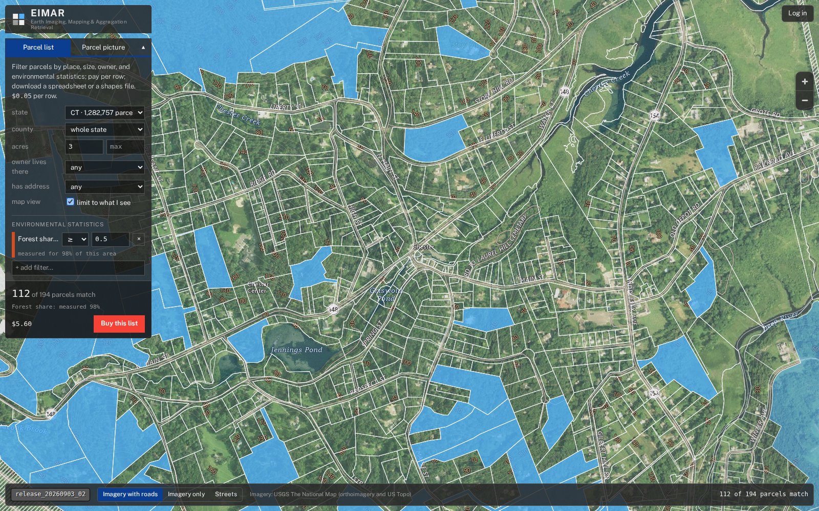 The EIMAR web app: parcels in Chester, Connecticut filtered to wooded lots of 3 acres or more, with 112 matches highlighted on aerial imagery