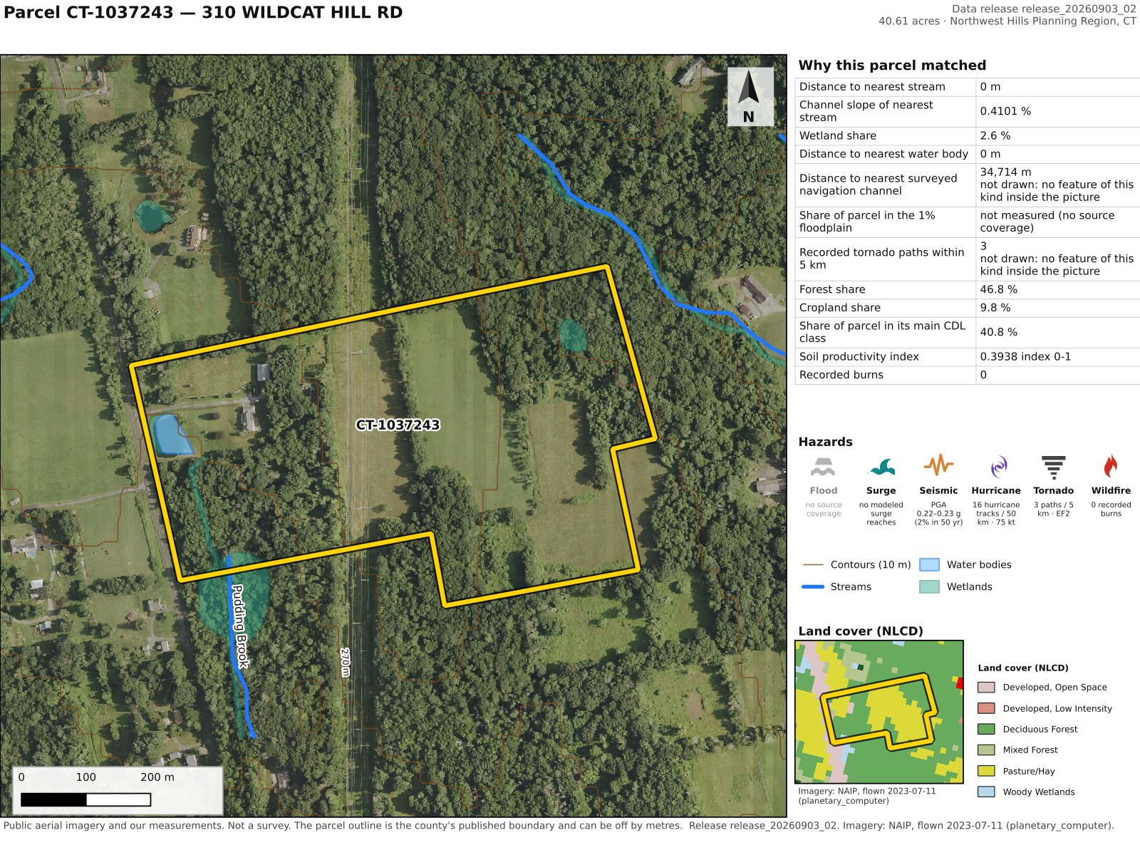 A Connecticut parcel with measured values: streams, wetlands, contours, hazards and land cover over aerial imagery