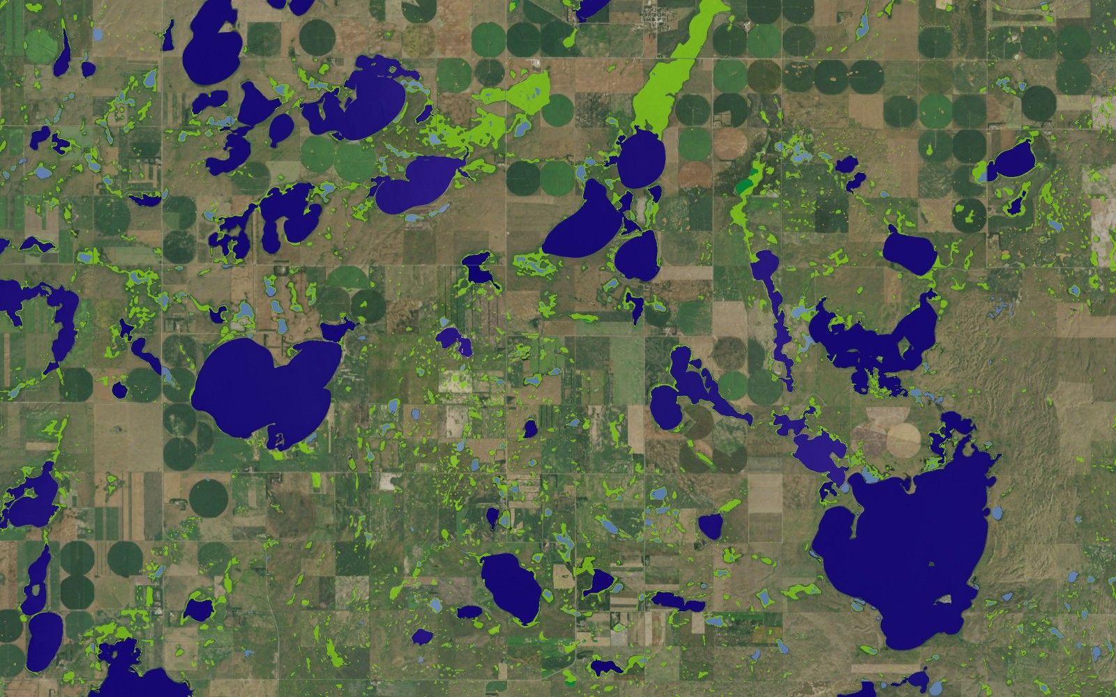 Mapped wetlands and ponds over aerial imagery in North Dakota